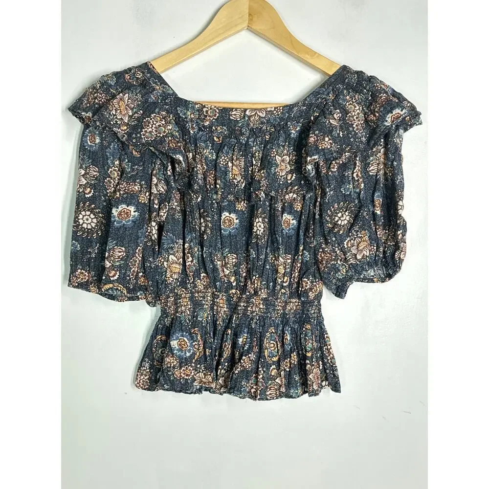 Ulla Johnson Warner Top Floral Puff Sleeve Peplum Babydoll Top Dark Blue 2